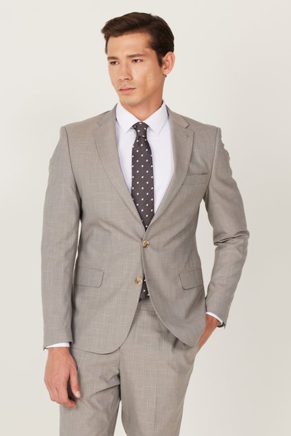 Men's Beige Wool Extra Slim Fit Slim Fit Mono Collar Print Suit