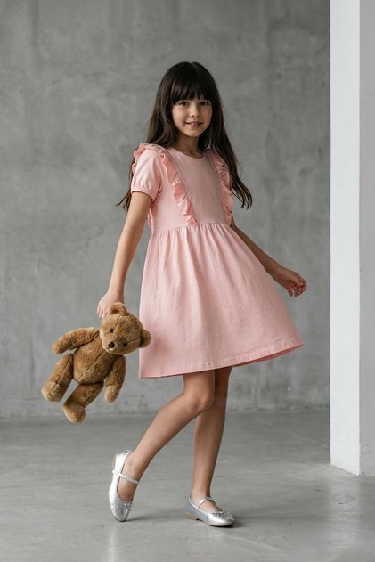 Salmon Girl Child 100% Cotton Frilly Short Sleeve Mini Knitted Dress Tkdss25El00065
