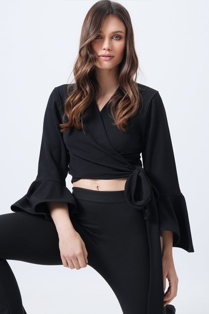 Women's Black Double-Breasted Tie Detail Flared Sleeve Crop Blouse Alc-X14718