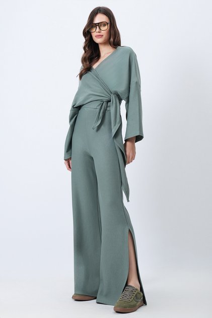 Women's Green Double-Breasted Tie-Up Blouse Slit Pants Double Knitted Set Alc-X12498