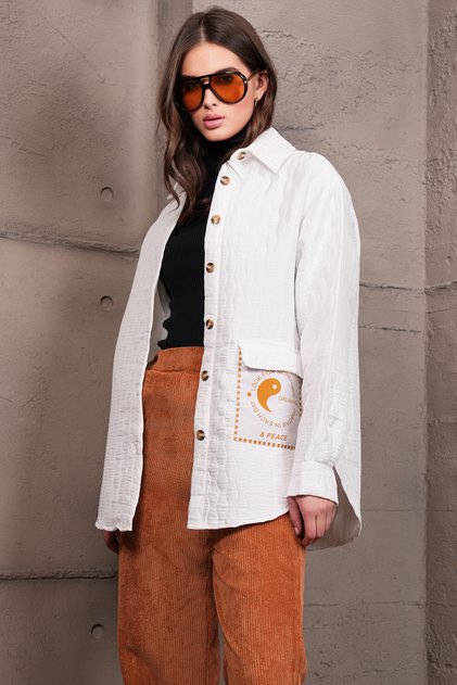 Women's White Pocket Detailed Quilted Shirt Jacket Alc-X14986