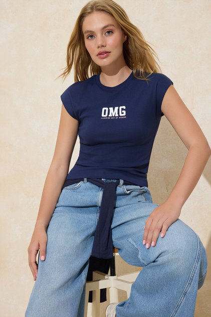 Navy Blue Slogan Fitted/Fitted-To-The-Body Moon Sleeve Short Sleeve Cotton Rib Knit T-Shirt Twoss26Ts00020