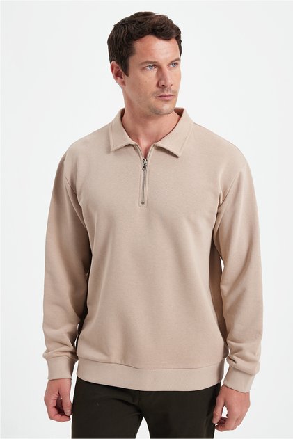 Erkek Relax Fit Rahat Kesim Pamuklu 3 İplik Fermuarlı Polo Yaka Taş Sweatshirt