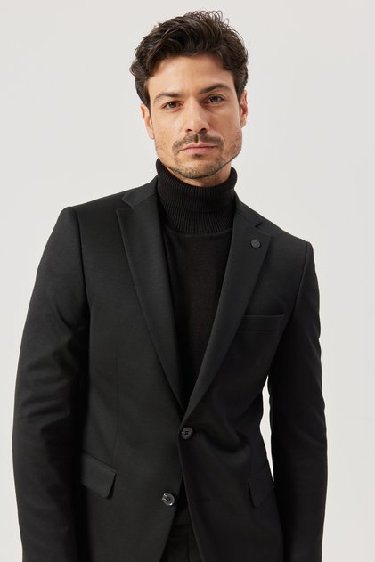 Men's Black Slim Fit Narrow Cut Mono Collar Black Suit