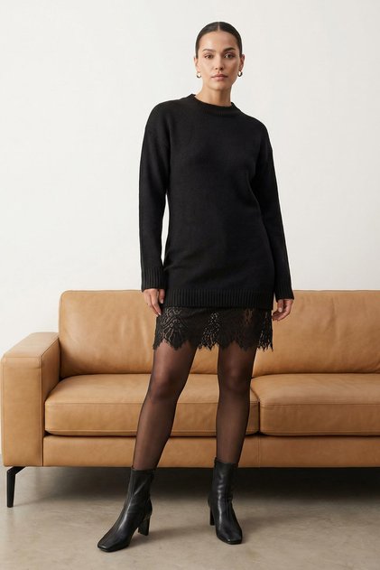 Rochie tricotată cu textură moale, decolteu la baza gâtului, panouri din dantelă, negru, TWOAW26KZ00298