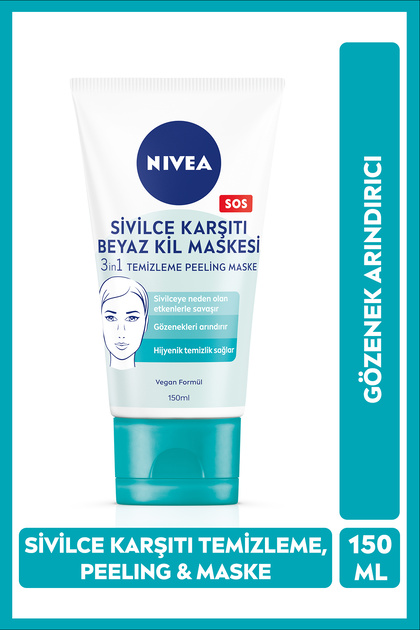 Sivilce Karşıtı Beyaz Kil Maskesi 150 ml,Gözenek ve Siyah Nokta Arındırıcı,Tüm Cilt Tipleri