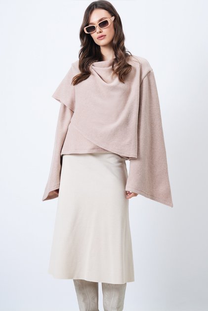 Women's Powder Crew Neck Self-Shawl Detailed Wide Cut Design Blouse Alc-X14420