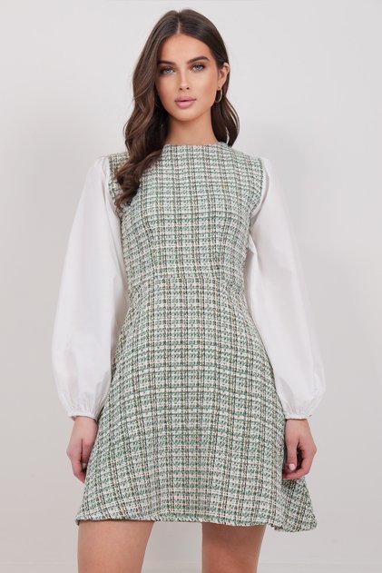 Women's Green Balloon Sleeve Woven Paneled Lined Inside Midi Length Tweed Dress Alc-X14997