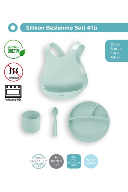Silicone Feeding Set 4-Piece River Green - Nam Nam Spoon Portion Plate Bib Mini Cup