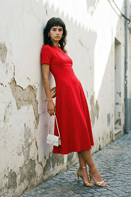 Red Flared from the Waist Midi Woven Dress TWOSS25EL00790