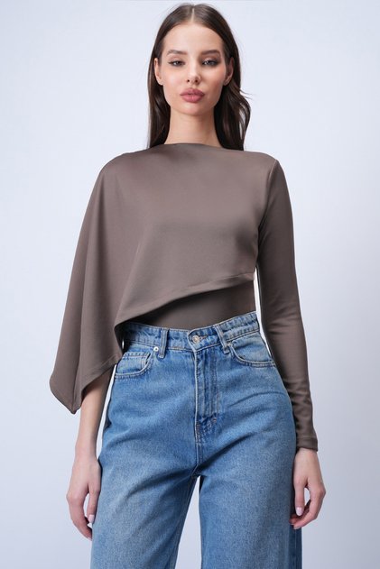 Brown Single Sleeve Fixed Shawl Design Knitted Crop Blouse Alc-X15041