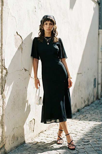 Trendyol Collection Black Skirt Flounced A-Line Lined Chiffon Flight Flight  Woven Midi Dress Twoss22El00733- Trendyol