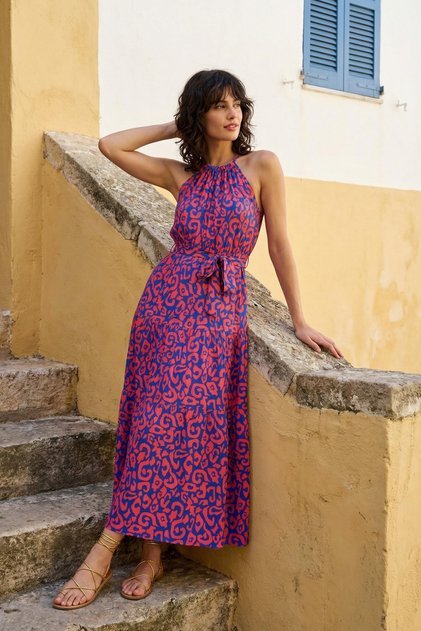 Pink Belted Shift Halter Neck Shally Maxi Woven Dress Twoss24El00872