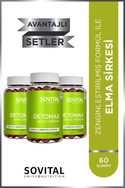 Detomax Apple Vinegar, Folic Acid, Vitamin B, Green Apple Flavored, Chewable, Vegan, Sugar-Free 60Gummyx3