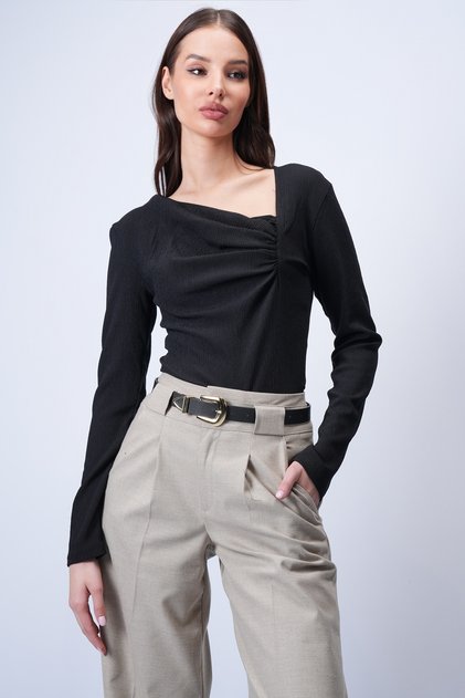 Women's Black Asymmetrical Neck Drape Detail Wrap Blouse Alc-X14967
