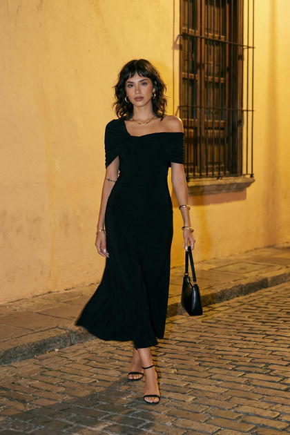 Trendyol Collection Black A-Line Asymmetrical Neckline Knitted Stylish Evening Dress Tprss24El00046- Trendyol Trendyol Collection Black A-Line Asymmetrical Neckline Knitted Stylish Evening Dress Tprss24El00046- Trendyol
