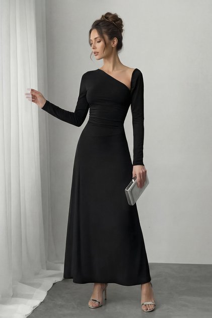 Black Knitted Maxi Evening & Graduation Dress TPRAW26AE00019