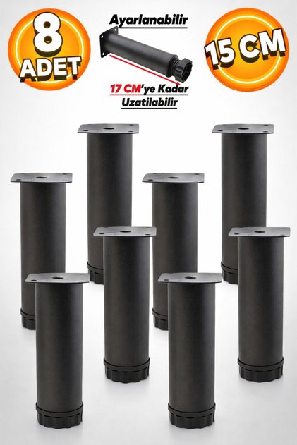 Ayarlanabilir Mobilya Kanepe Baza Koltuk Metal Destek Yükseltici Ayağı 15 Cm Siyah Ayakları (8 ADET)
