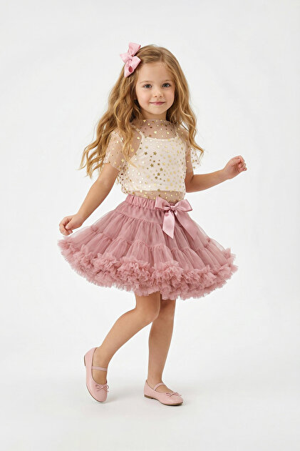 TRENDYOLKIDS Rose Pink Ribbon Detailed Girls' Short/Mini Plain