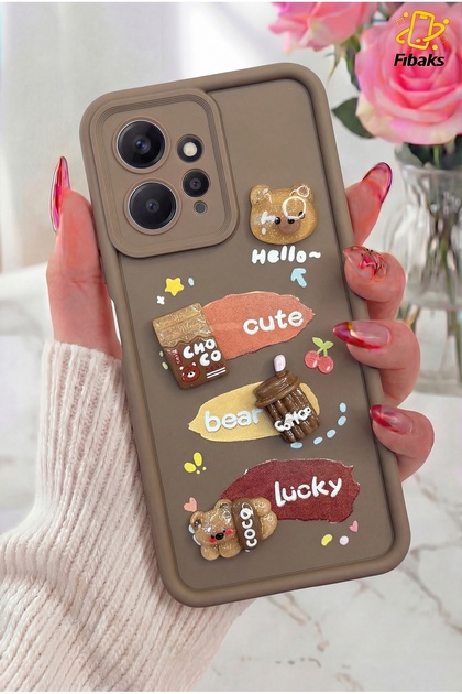 Redmi Note 12 Case Designed Patterned Camera Protected Teddy Bear Coffee Color Soft Silicone Cover