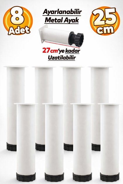 Ayarlanabilir Mobilya Kanepe Baza Koltuk Metal Destek Yükseltici Beyaz Ayağı Ayakları 25 cm 8 Adet