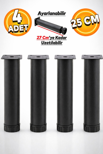 Ayarlanabilir Mobilya Kanepe Baza Koltuk Metal Destek Yükseltici Ayağı 25 Cm Siyah Ayakları (4 ADET)