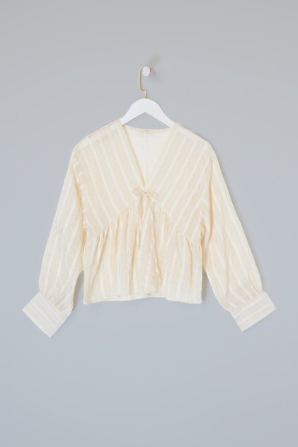 Krem Keten Karışımlı V Yaka Uzun Kollu Tencel Bluz TDRSS26BZ00018