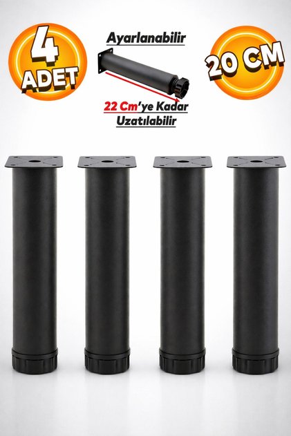 Ayarlanabilir Mobilya Kanepe Baza Koltuk Metal Destek Yükseltici Ayağı 20 Cm Siyah Metal Ayak 4 Adet