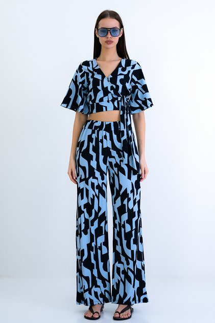 Blue-Navy Blue Double-Breasted Collar Cropped Blouse and Trousers Set Alc-X15210