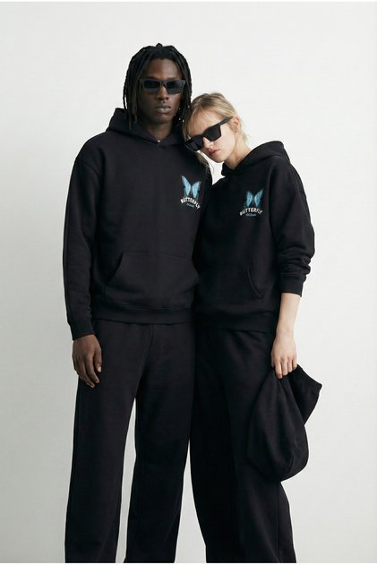 Unisex Oversize Butterfly Printed Premium Hooded Sweatshirt Black