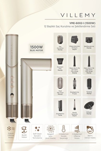 12’si 1 Arada Çok Başlıklı Saç Kurutma ve Şekillendirme Seti – 1500 W BLDC Motor -VME-6002-I