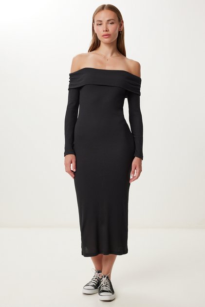 Women's Black Carmen Collar Ribbed Knitted Midi Dress Ub00433