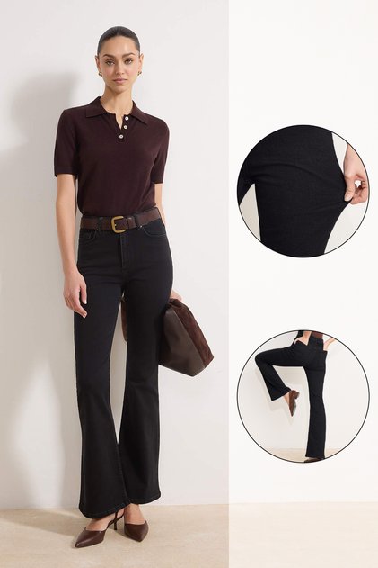 Siyah Yüksek Bel Flare Yumuşak Ekstra Esneyen Örme Kot/Jeans TWOSS26JE00091