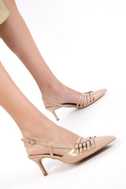Beige Patent Leather Women's Classic Heeled Shoes 21301