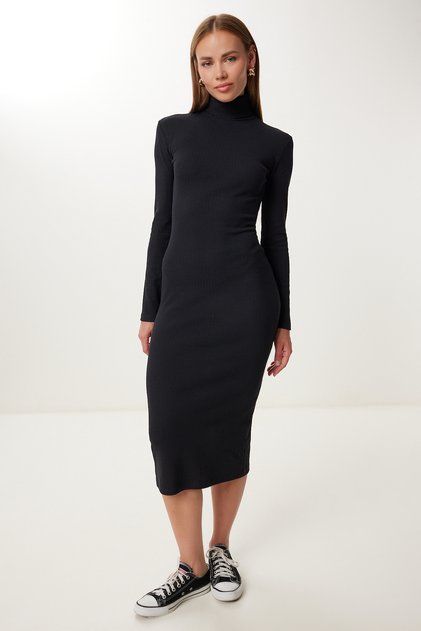 Women's Black Turtleneck Ribbed Knitted Dress Ub00416