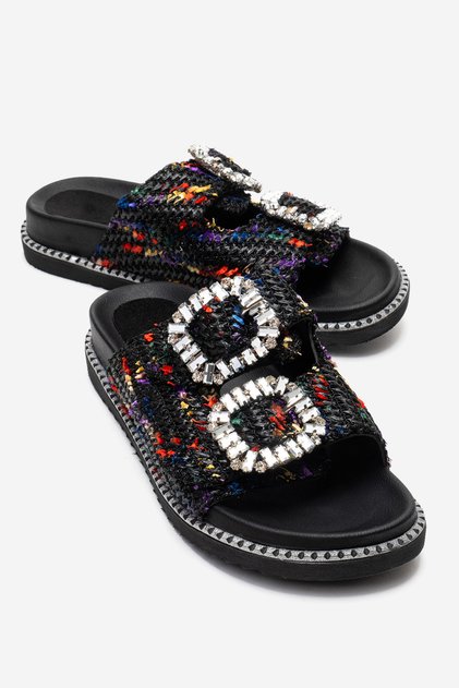 Dungeon Black Colored Tweed Double-Strapped Stone Buckle Women's Slippers