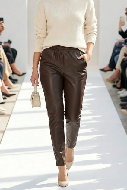 Women's Brown Elastic Waist Leather Trousers