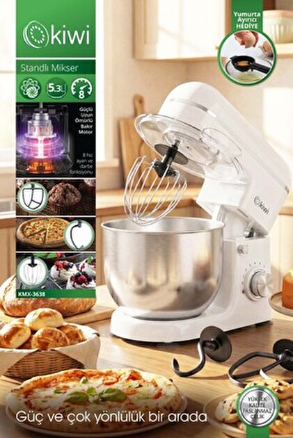 Kiwi Kmx-3638 Hamur Yoğurma & Stand Mikser 5,3 Lt 1300w 8 Hız