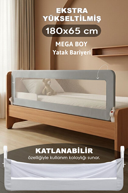 180 Cm Mega Bebek Güvenlik Bariyeri - Yükseltilmiş Çocuk Yatak Korkuluğu Katlanır Koruyucu Bariyer
