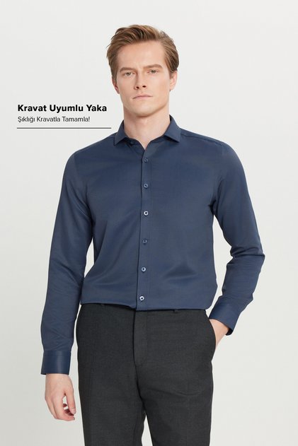 Men's Navy Blue Slim Fit Narrow Cut Italian Collar Dobby Shirt