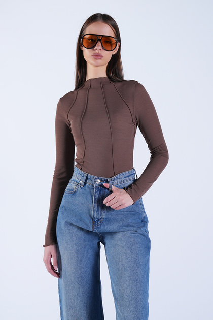 Women's Brown High Neck Ribbed Stitched Transparent Blouse Alc-X15155