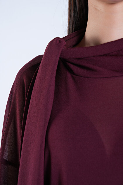 Trend Alaat Stili Burgundy High Collar Transparent Blouse with Fixed Scarf Detail Alc-X15154- Trendyol Trend Alaat Stili Burgundy High Collar Transparent Blouse with Fixed Scarf Detail Alc-X15154- Trendyol