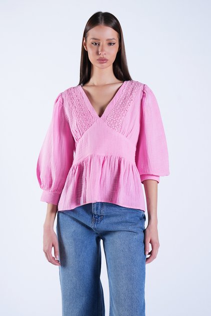 Pink Deep V-Neck Lace Embroidered Muslin Blouse Alc-X15133