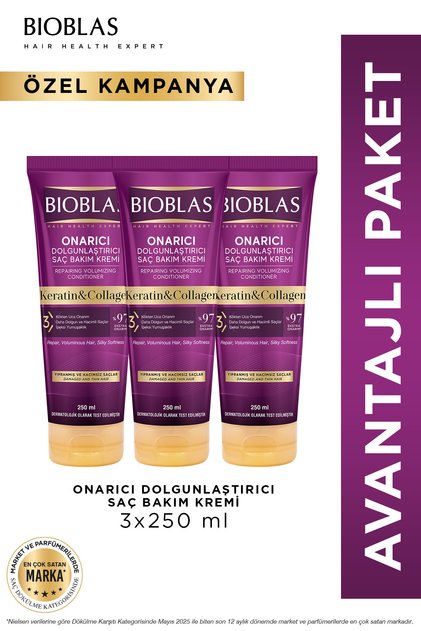Keratin & Kolajen Onarıcı Dolgunlaştırıcı Saç Bakım Kremi 3 x 250 Ml İnce ve Yıpranmış Saçlar