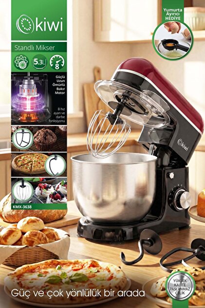 Kiwi Kmx-3638 Hamur Yoğurma & Stand Mikser 5,3 Lt 1300w 8 Hız