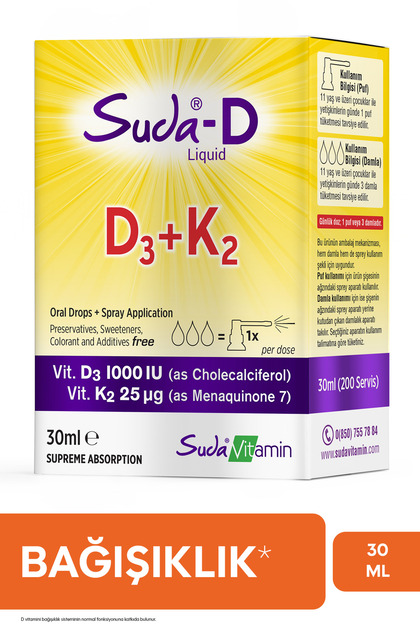 D3+K2 Vitamin 1000 IU Bağışıklık, Kemik ve Kas Desteği Sağlayan Sprey / Damla 30 ml