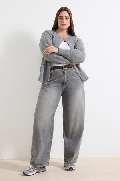 Gray High-Waisted Barrel Baggy 100% Cotton Non-Stretch Plus Size Jeans TBBAW26CJ00043