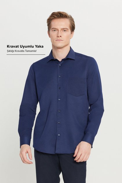 Cămașă pentru bărbați, albastru bleumarin, din bumbac, croită, slim fit, cu guler clasic, cu buzunare Dobby