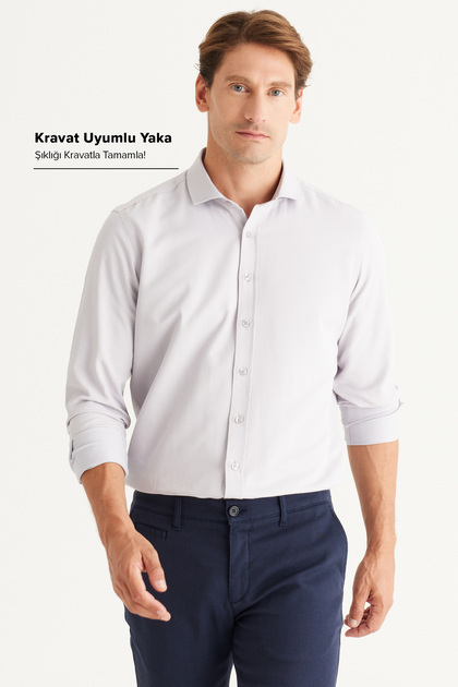 Erkek Gri Kolay Ütülenebilir Slim Fit Dar Kesim Italyan Yaka Armürlü Gömlek