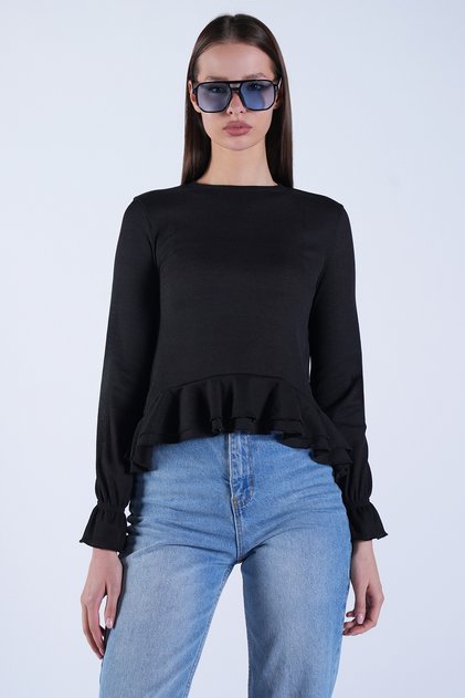 Women's Black Crew Neck Skirt Ruffle Blouse Alc-X15156